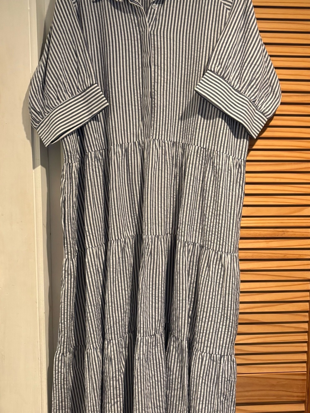 Vermont Country Store Seersucker Tiered Maxi Shirt Dress Striped Coastal Grandma